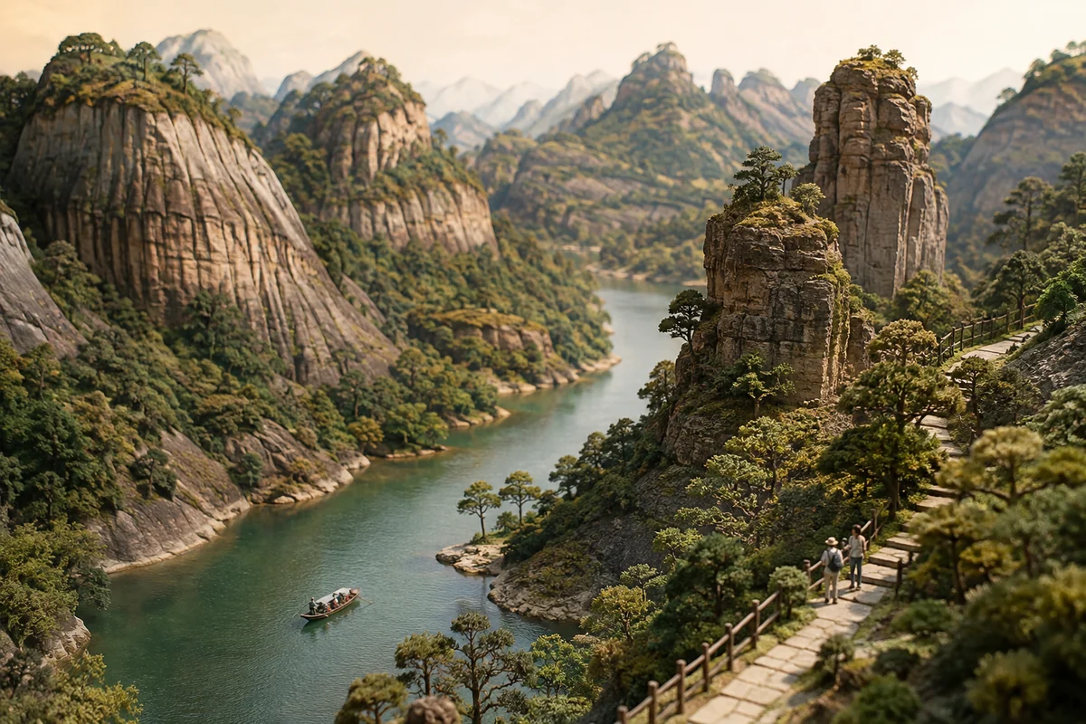 Follow a river between the mountains