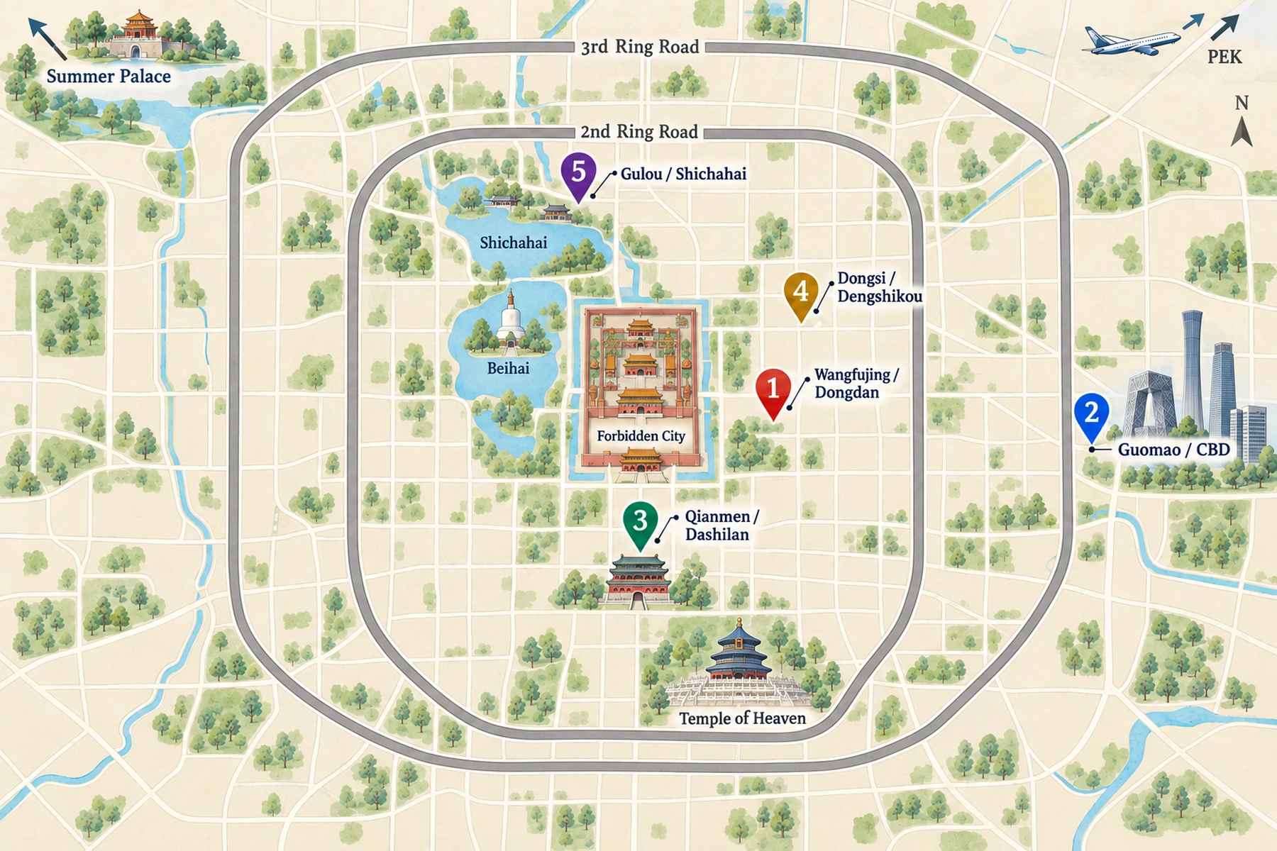 Map of the 5 areas to stay in Beijing, with the Forbidden City and other landmarks