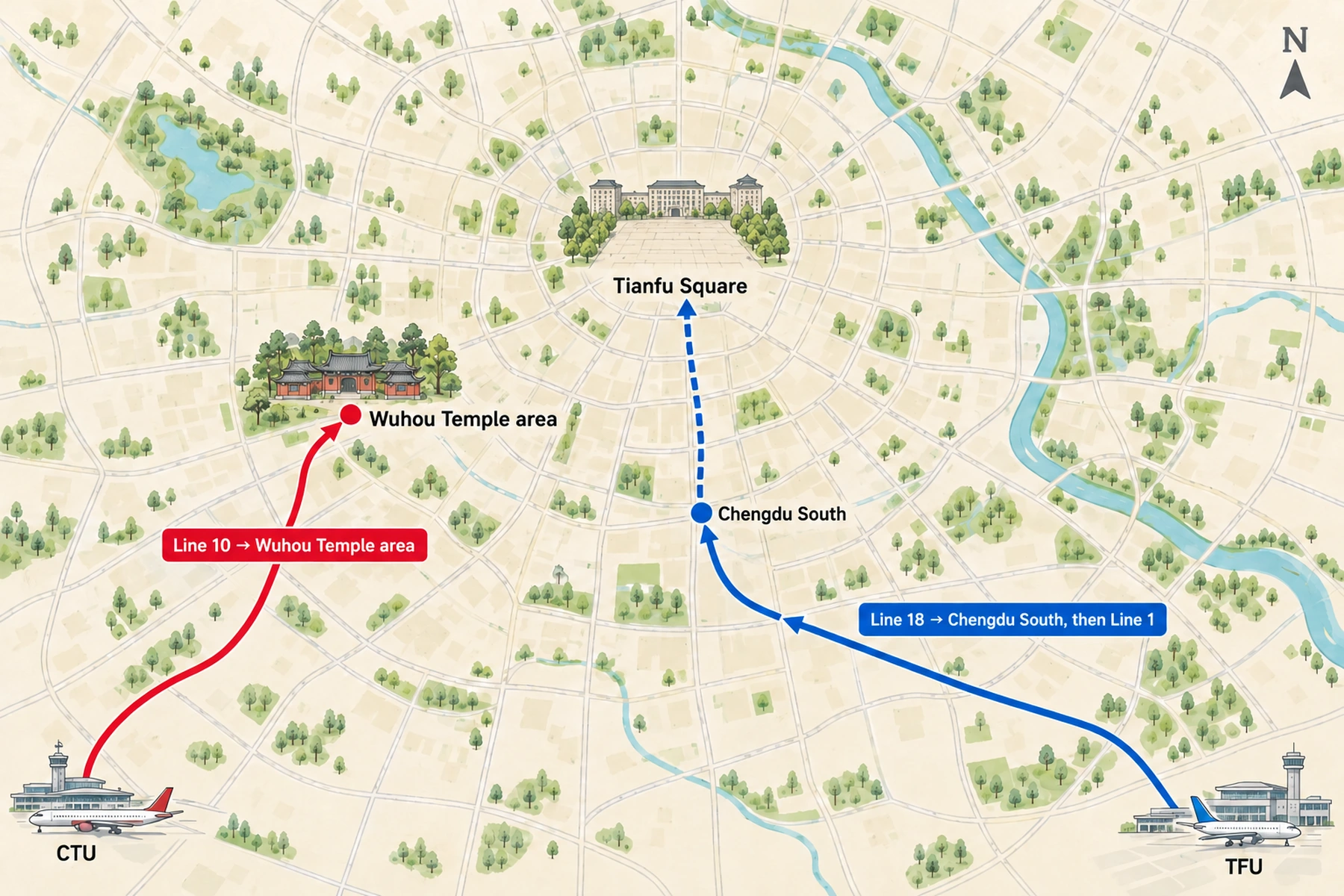 Routes from Chengdu's airports into the city centre
