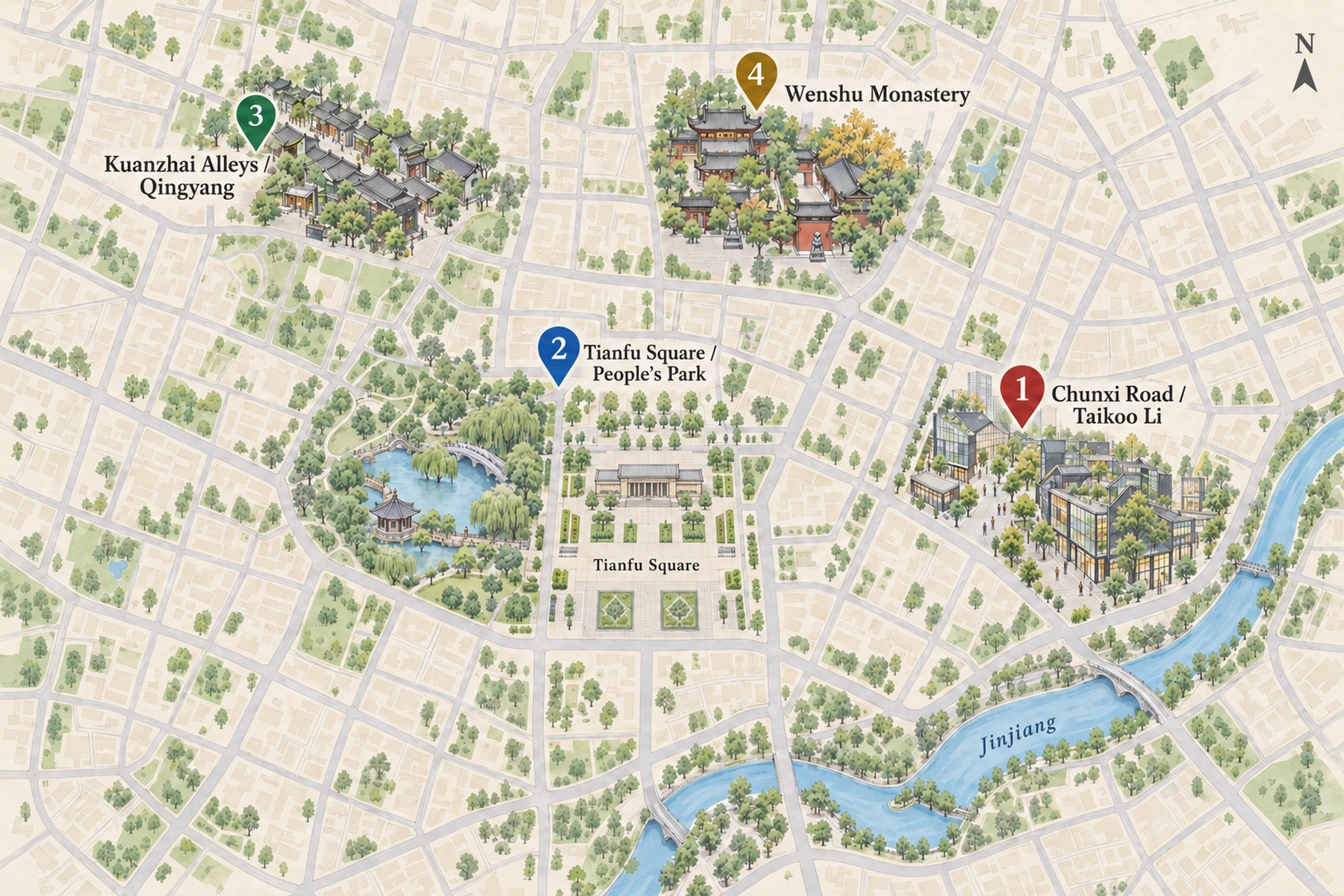 Map of the 4 areas to stay in Chengdu, with the Forbidden City and other landmarks