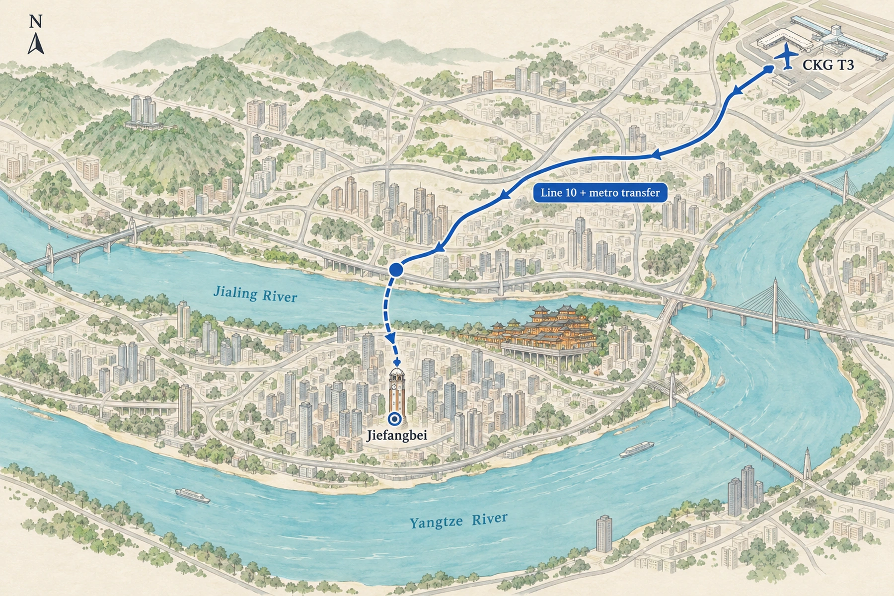 Routes from Chongqing's airports into the city centre