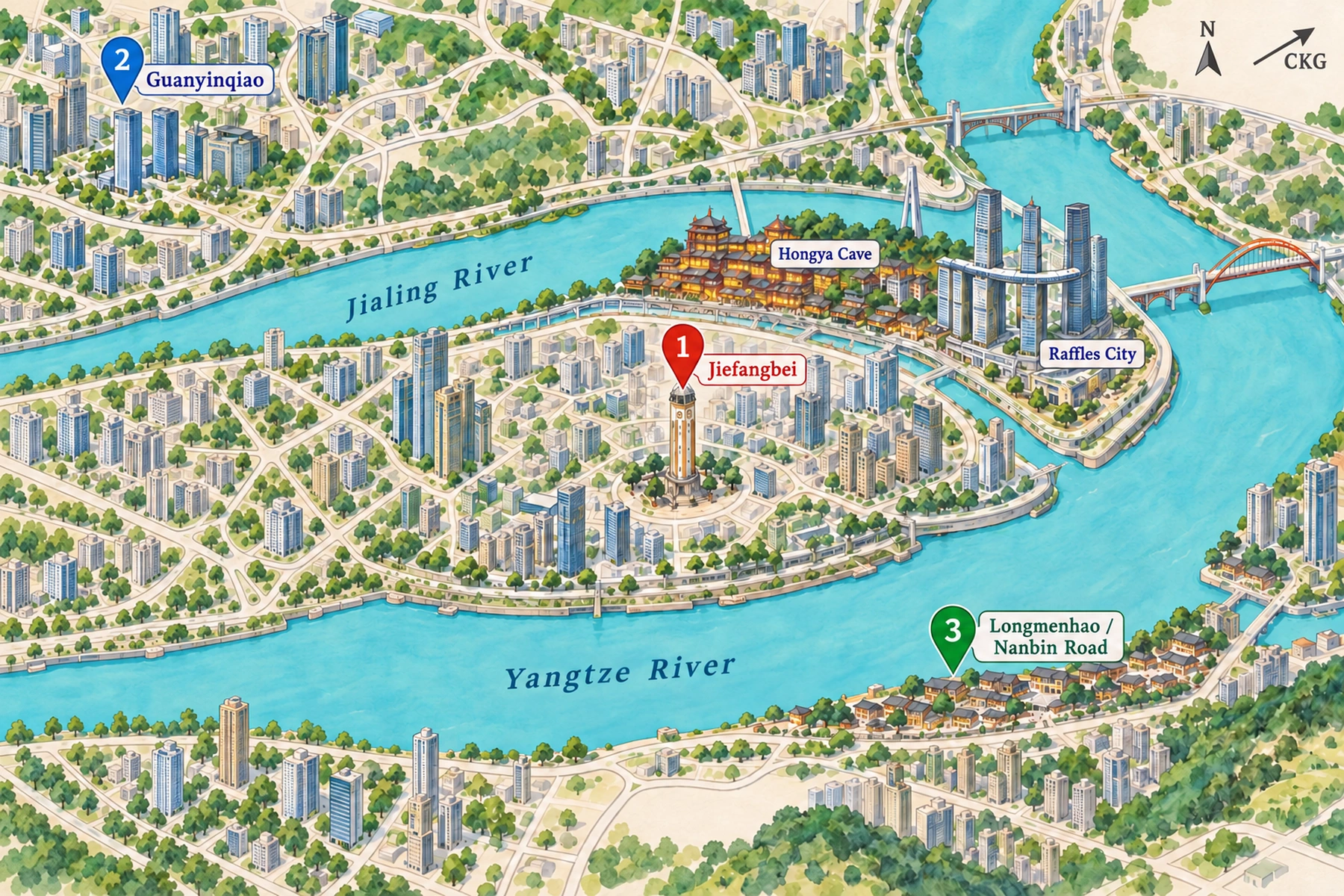 Map of the 3 areas to stay in Chongqing, with the Forbidden City and other landmarks