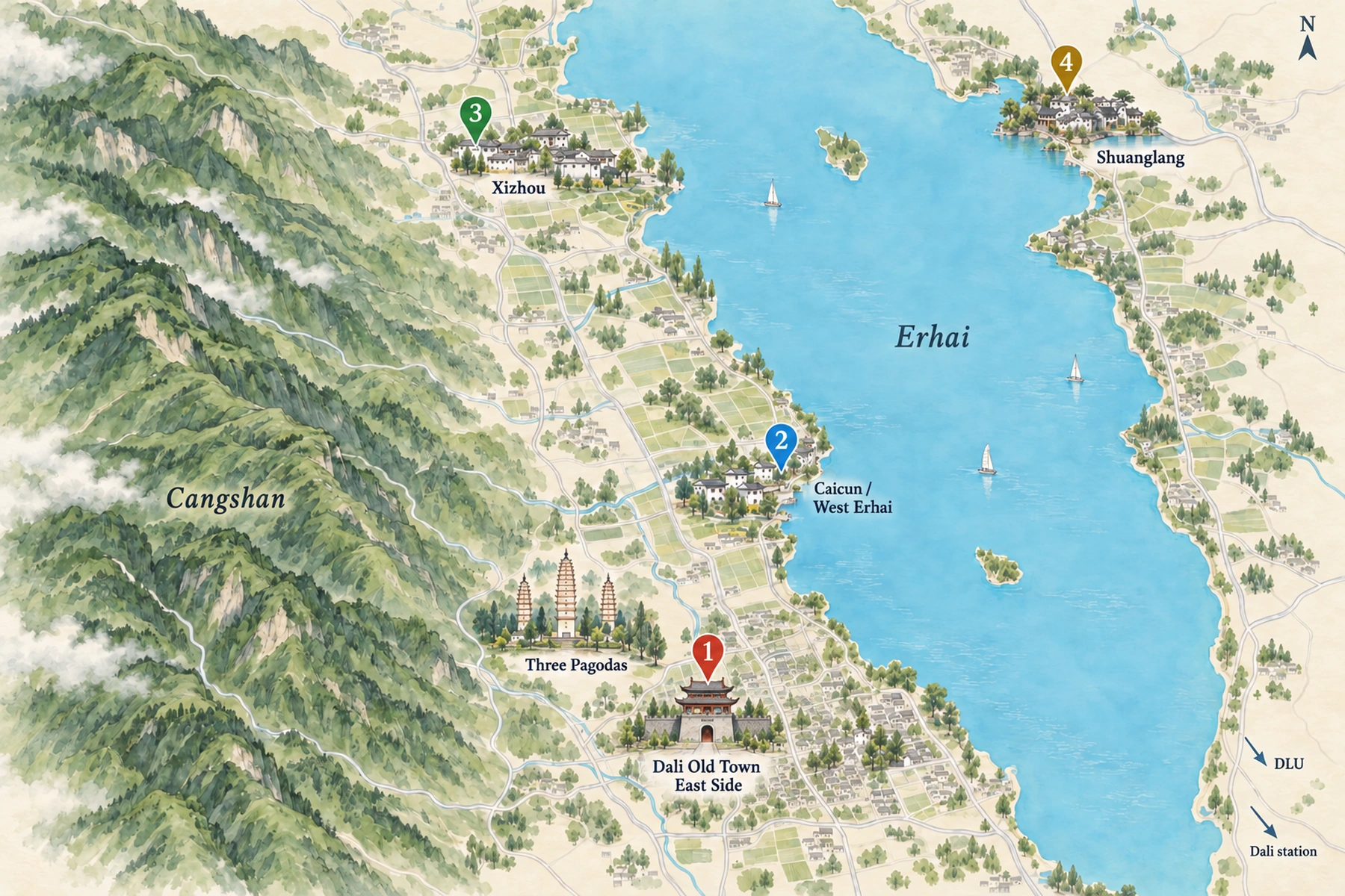 Map of the 4 areas to stay in Dali, with the Forbidden City and other landmarks