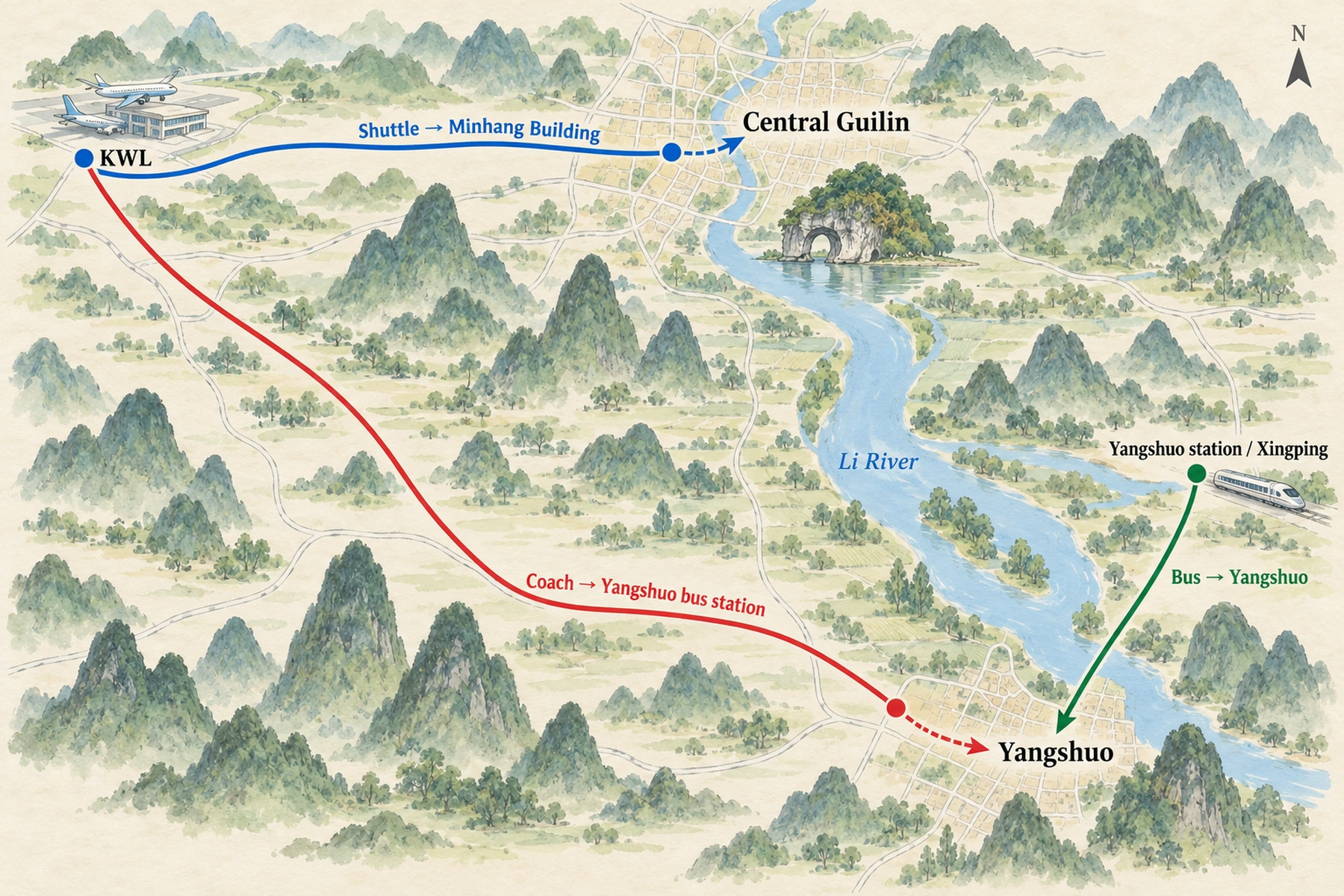 Routes from Guilin & Yangshuo's airports into the city centre