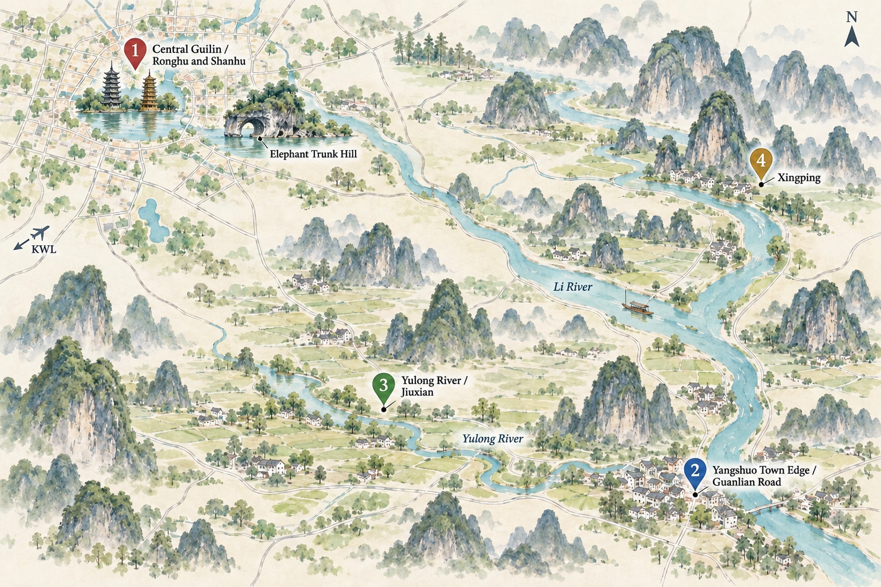 Map of the 4 areas to stay in Guilin & Yangshuo, with the Forbidden City and other landmarks
