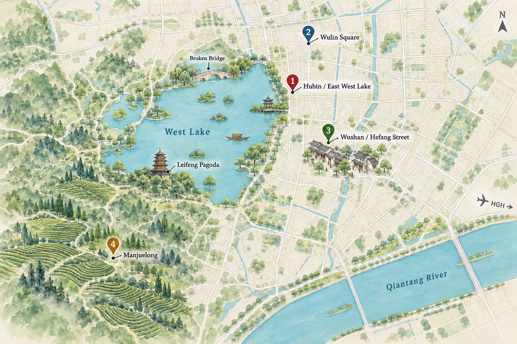 Map of the 4 areas to stay in Hangzhou, with the Forbidden City and other landmarks