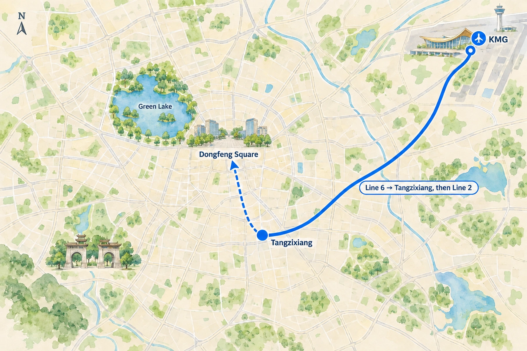 Routes from Kunming's airports into the city centre