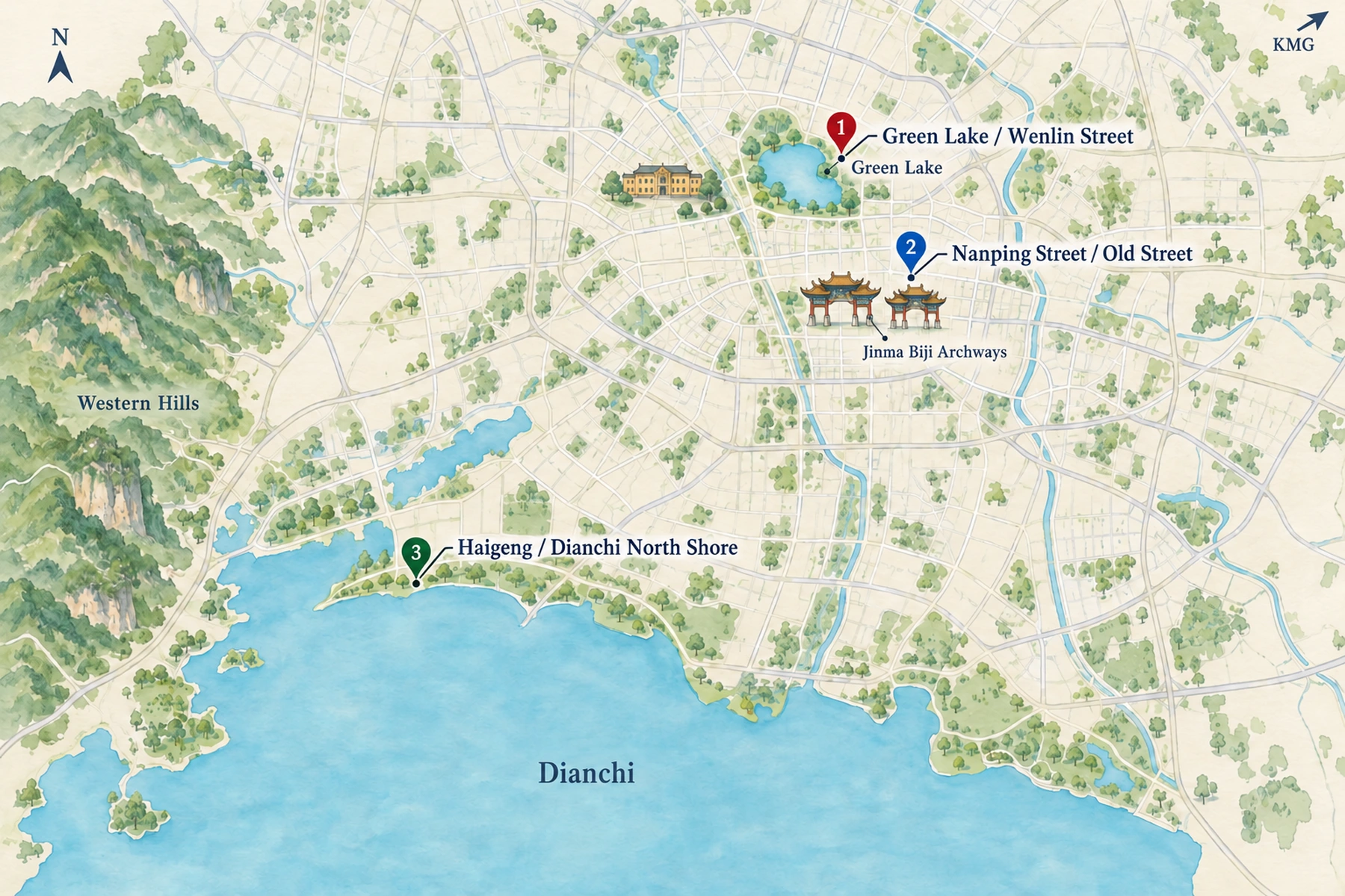 Map of the 3 areas to stay in Kunming, with the Forbidden City and other landmarks