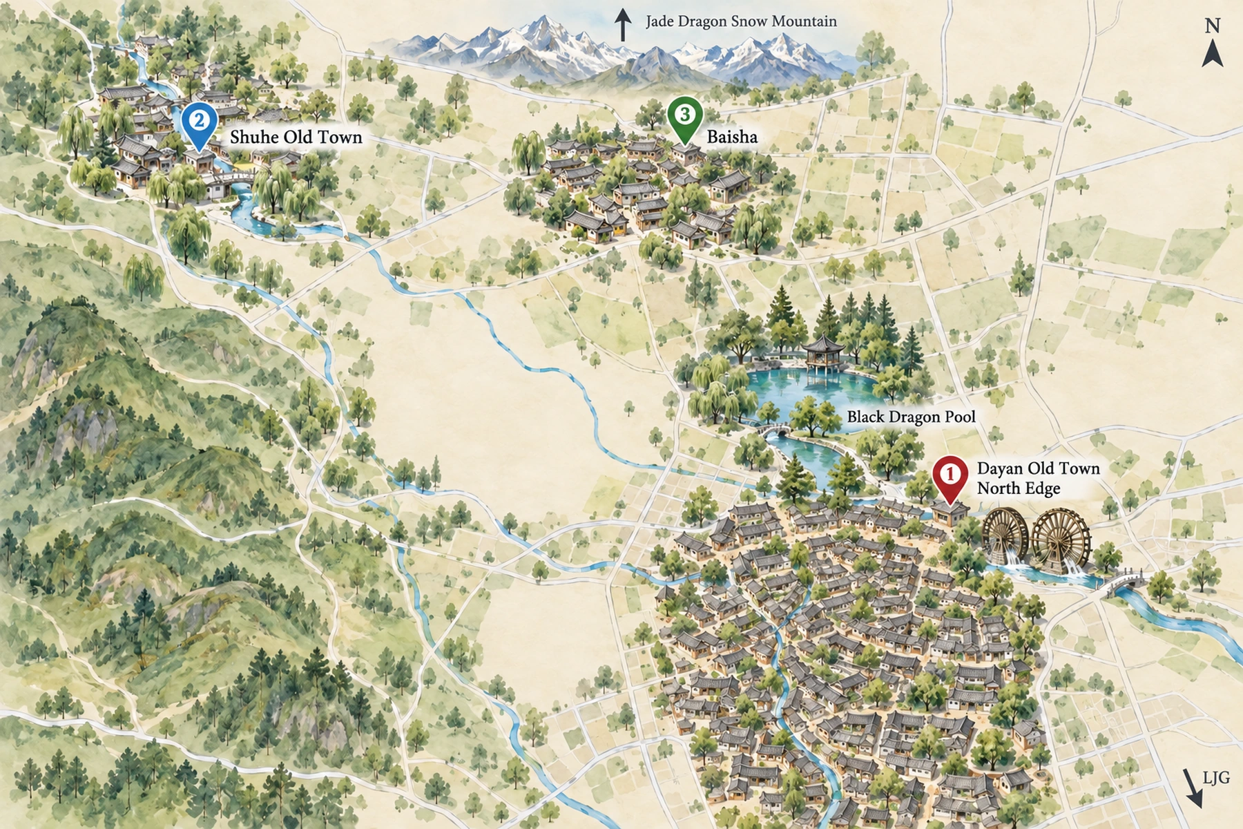 Map of the 3 areas to stay in Lijiang, with the Forbidden City and other landmarks