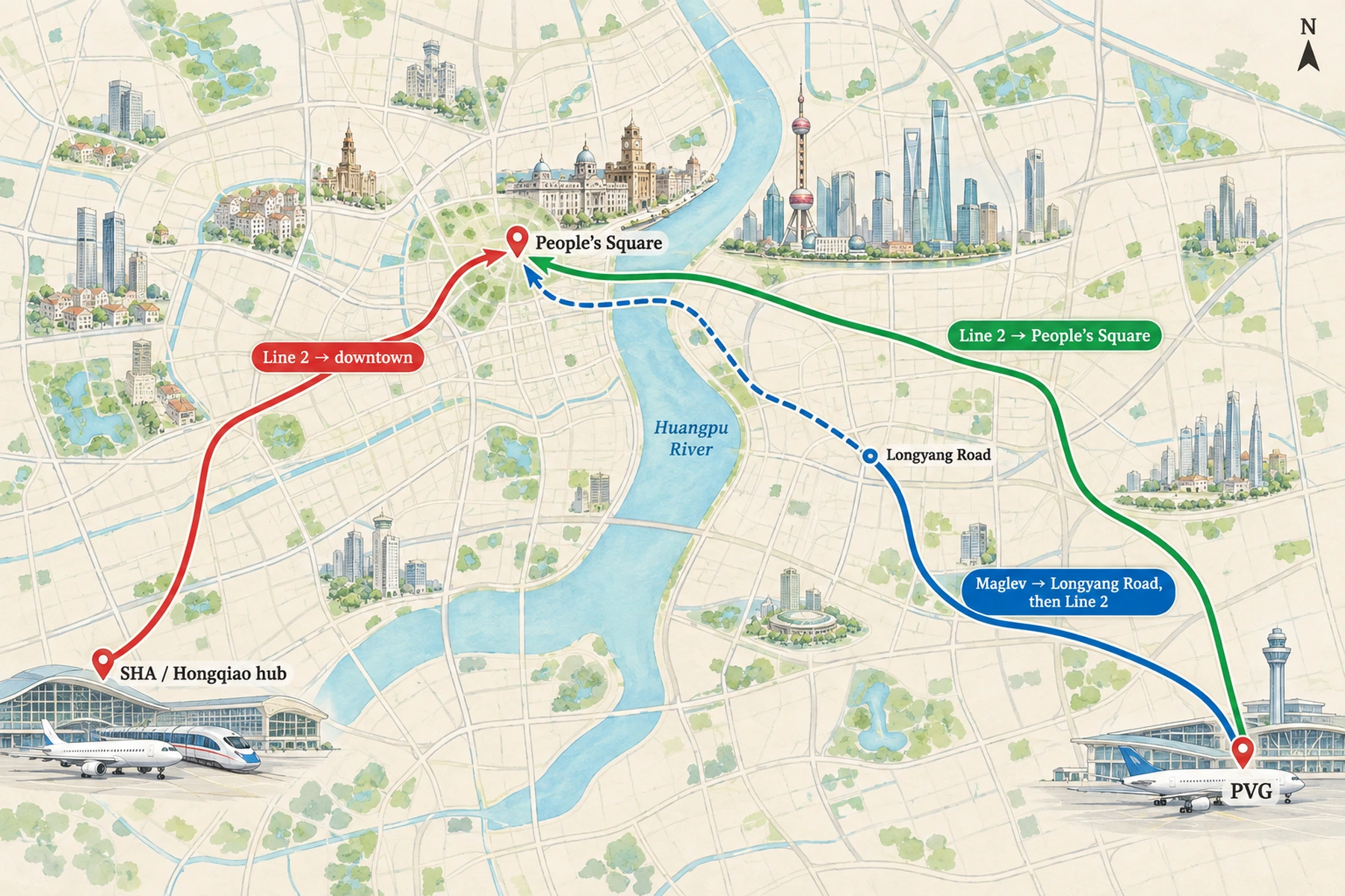 Routes from Shanghai's airports into the city centre