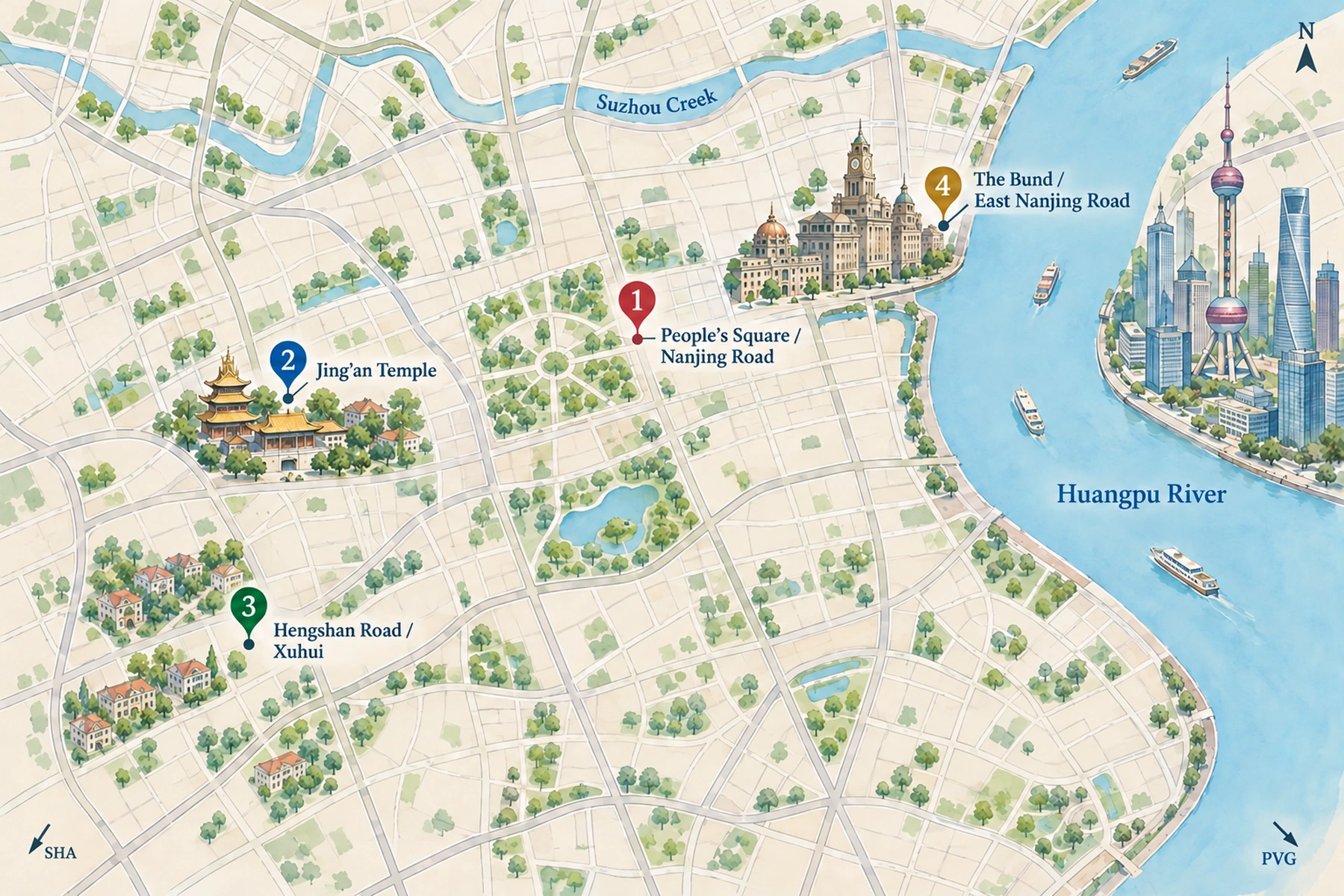 Map of the 4 areas to stay in Shanghai, with the Forbidden City and other landmarks