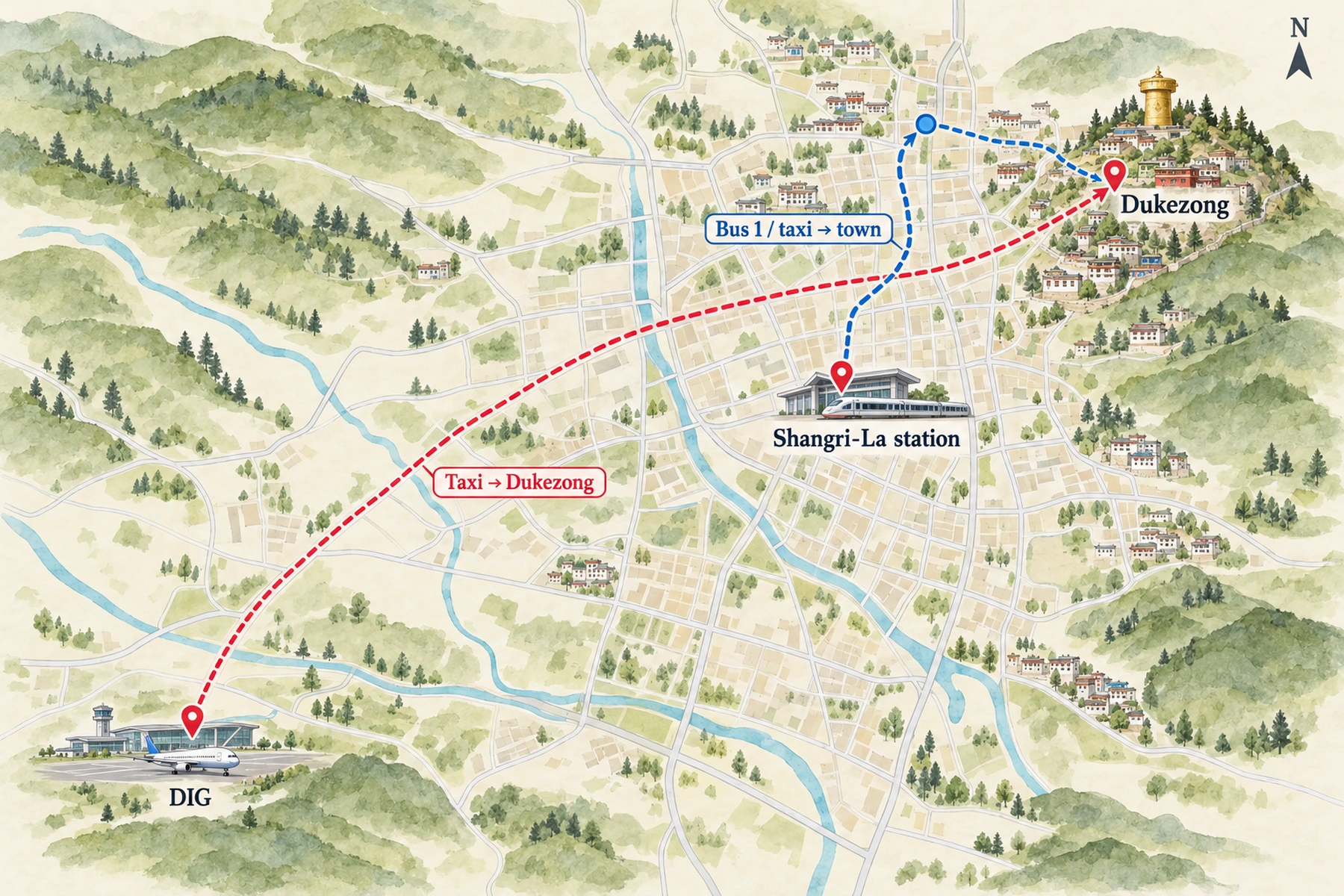 Routes from Shangri-La's airports into the city centre