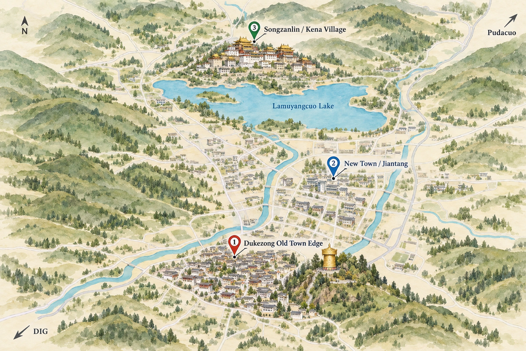 Map of the 3 areas to stay in Shangri-La, with the Forbidden City and other landmarks