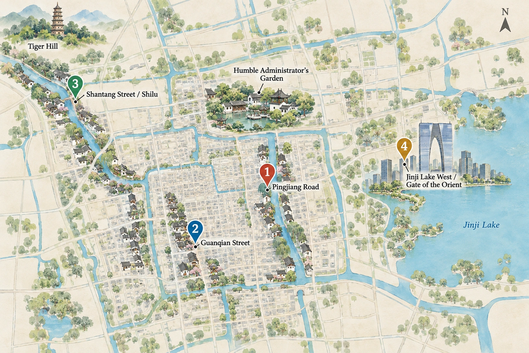 Map of the 4 areas to stay in Suzhou, with the Forbidden City and other landmarks