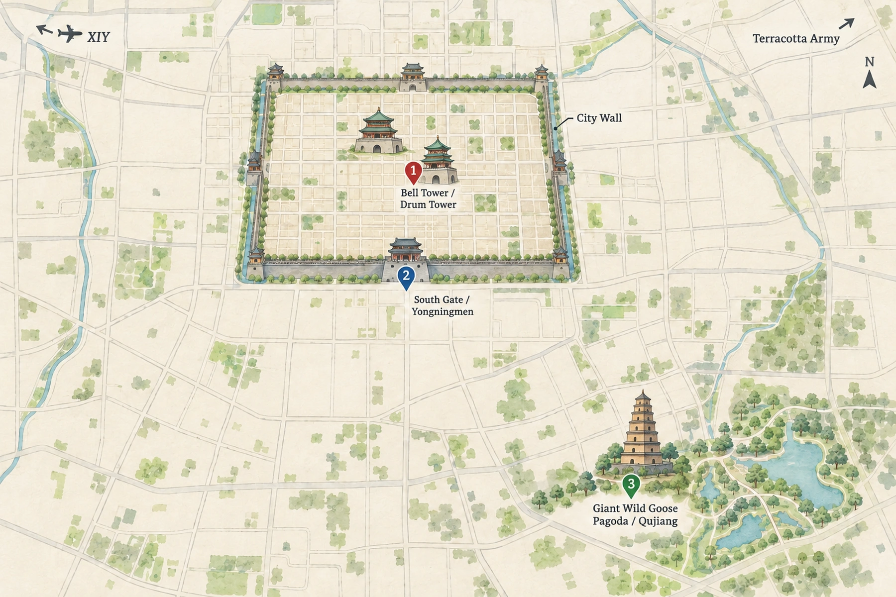 Map of the 3 areas to stay in Xi’an, with the Forbidden City and other landmarks