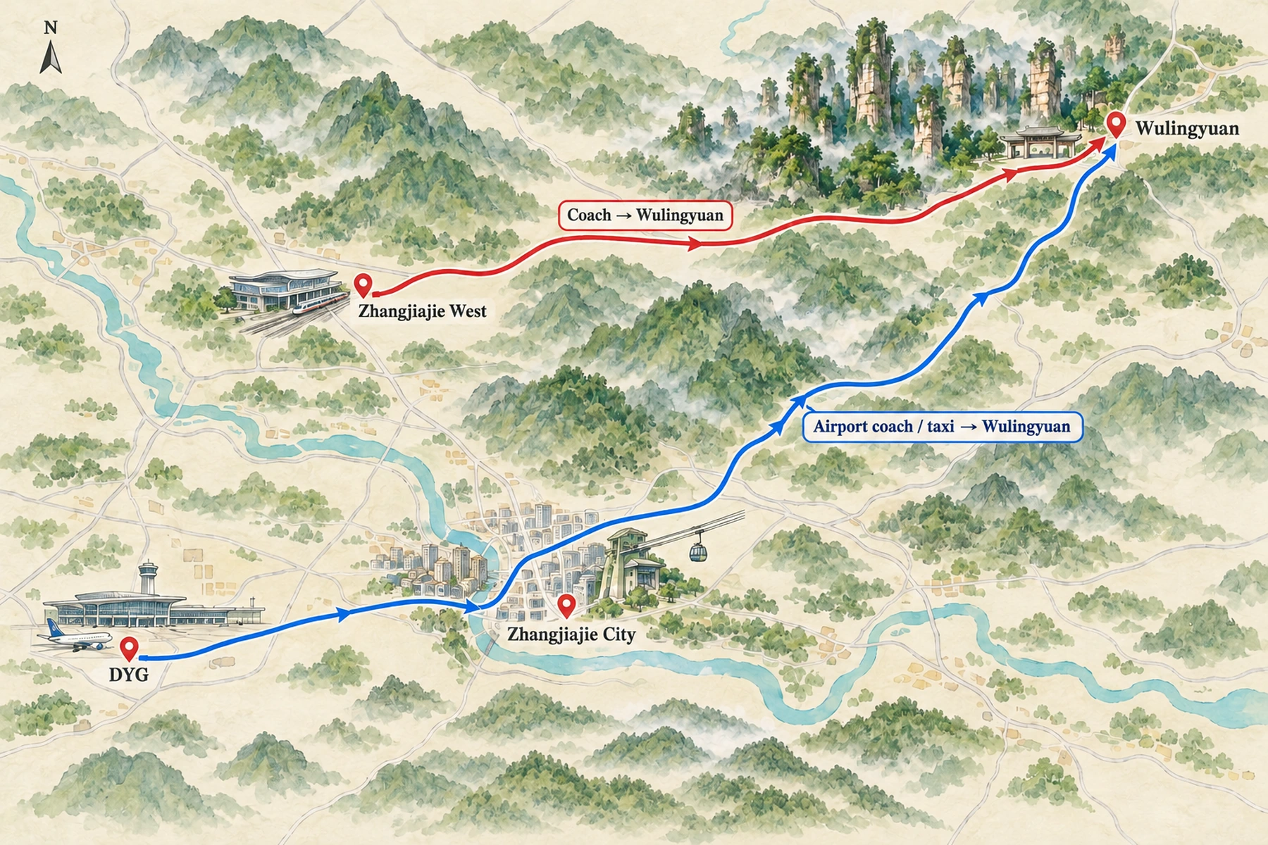Routes from Zhangjiajie's airports into the city centre