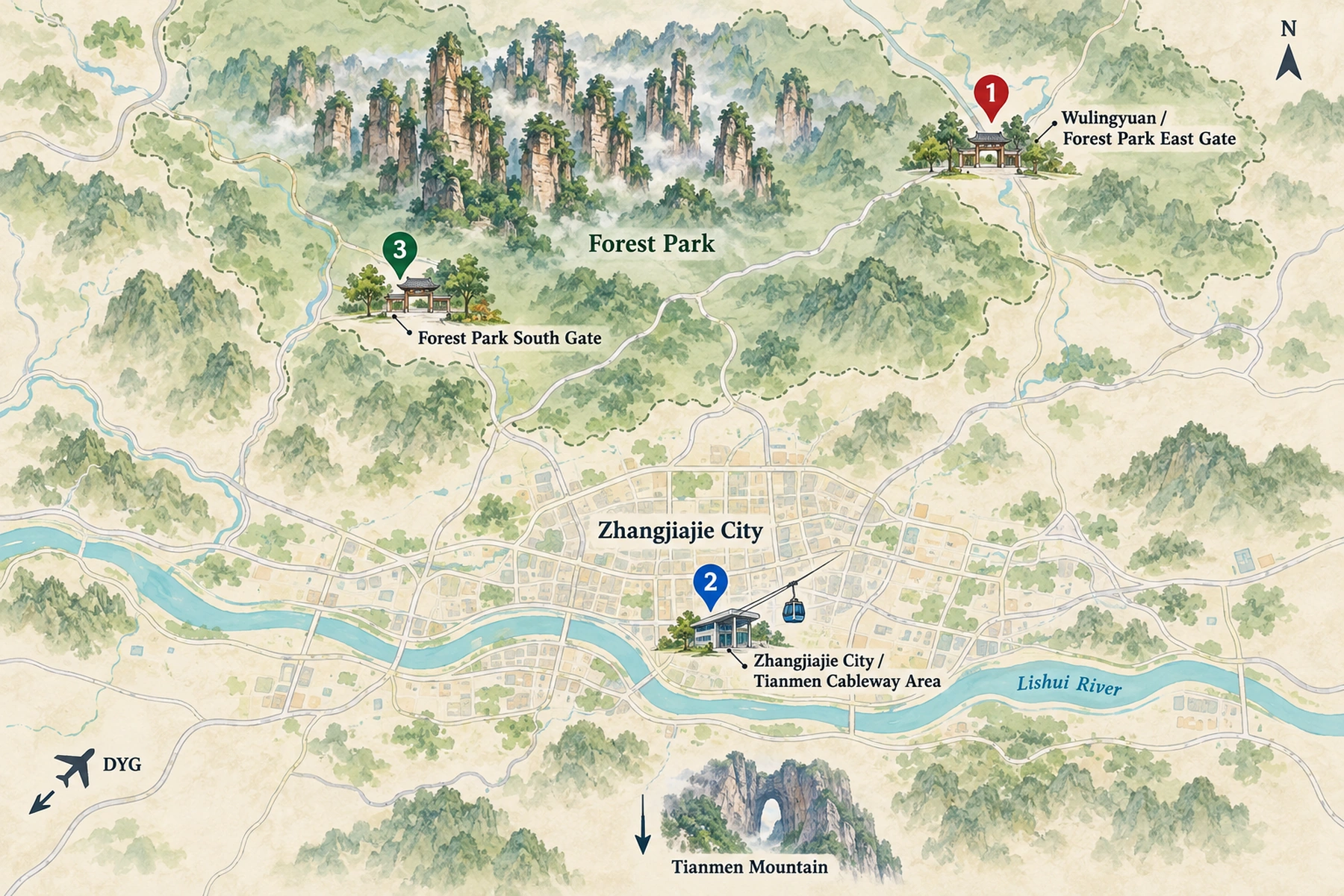 Map of the 3 areas to stay in Zhangjiajie, with the Forbidden City and other landmarks