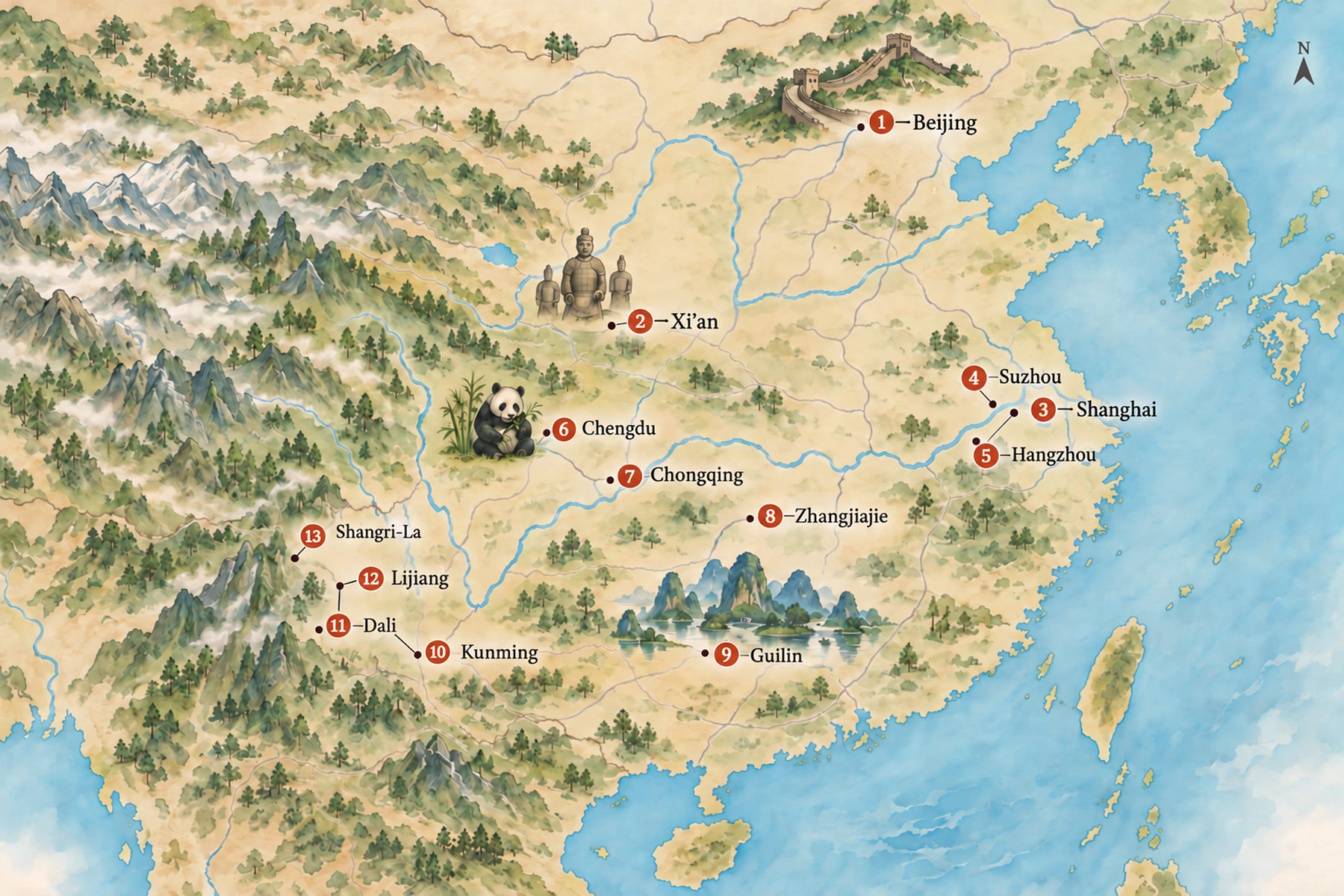 Map of China with 13 destinations
